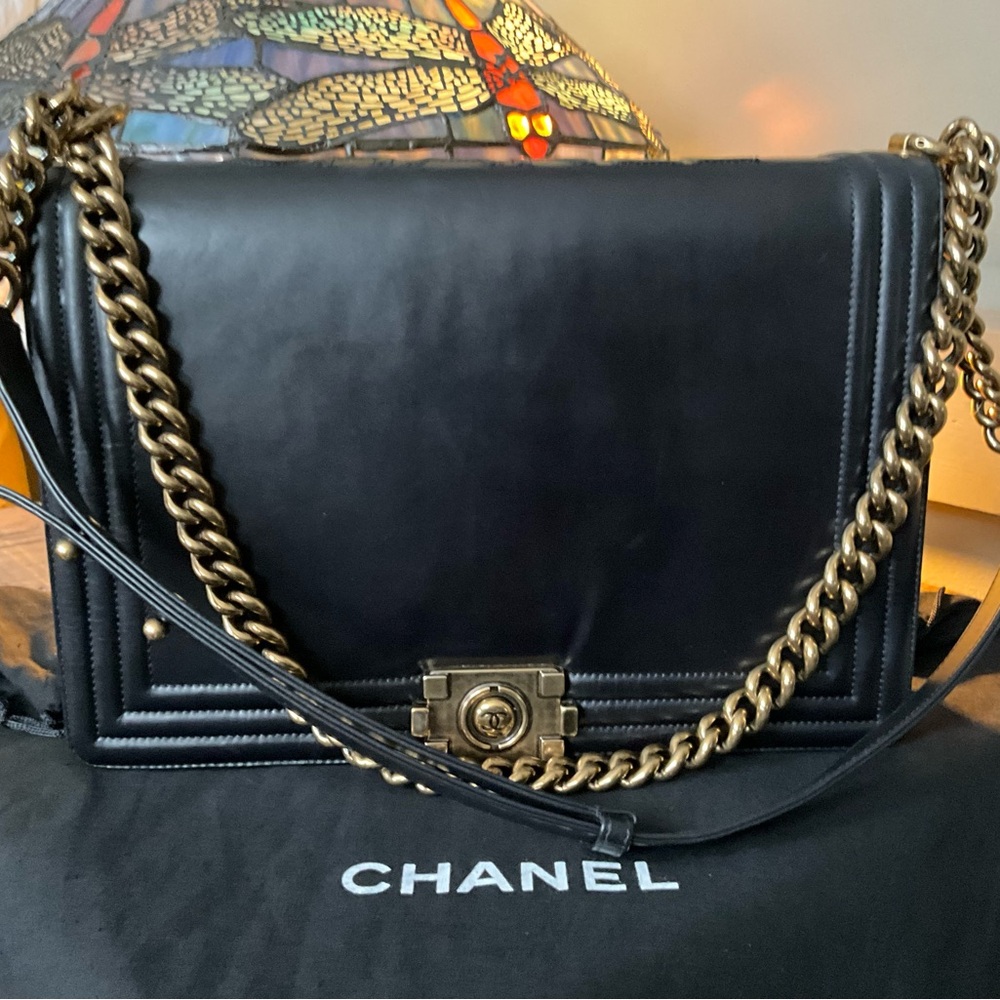 CHANEL Boy Bag Black Leather with Antique Gold Chain and Hardware Accents 2 Way